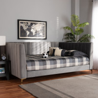 Baxton Studio CF0344-Light Grey Daybed-Queen Oksana Modern Contemporary Glam and Luxe Light Grey Velvet Fabric Upholstered and Gold Finished Queen Size Daybed